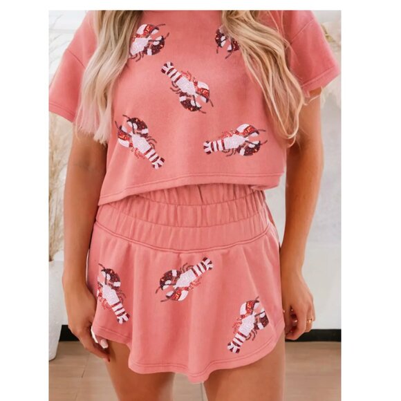 Sequin Crawfish Graphic Cropped Tee & High Waist Skort Set M - Picture 1 of 4
